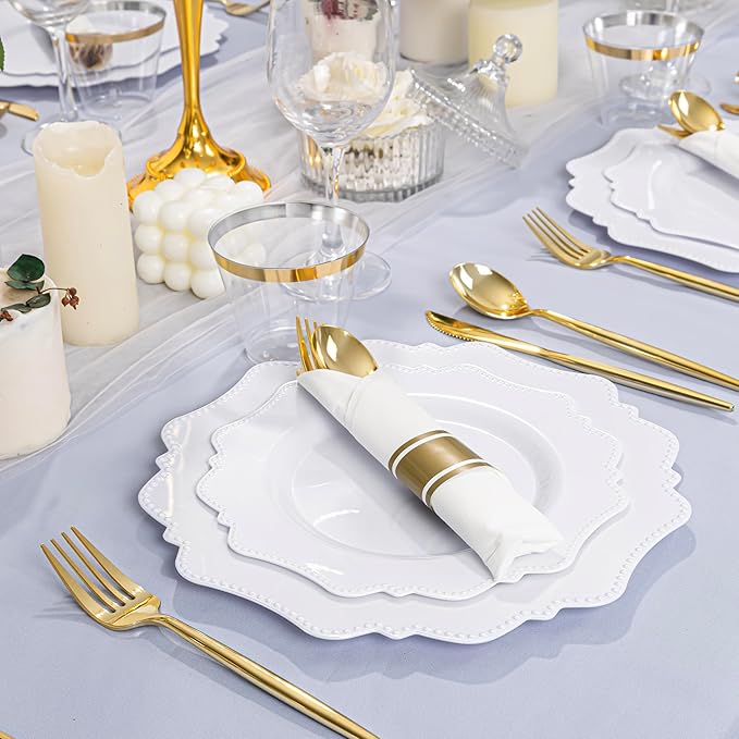 COLOSUS 350pcs White Plastic Plates Disposable Gold Cutlery Dinnerware set for party: 50 Dinner Plate, 50 Dessert Plate, 50 Per Rolled Napkins with Gold Silverware, 50 Cups 9 OZ for Wedding & Party