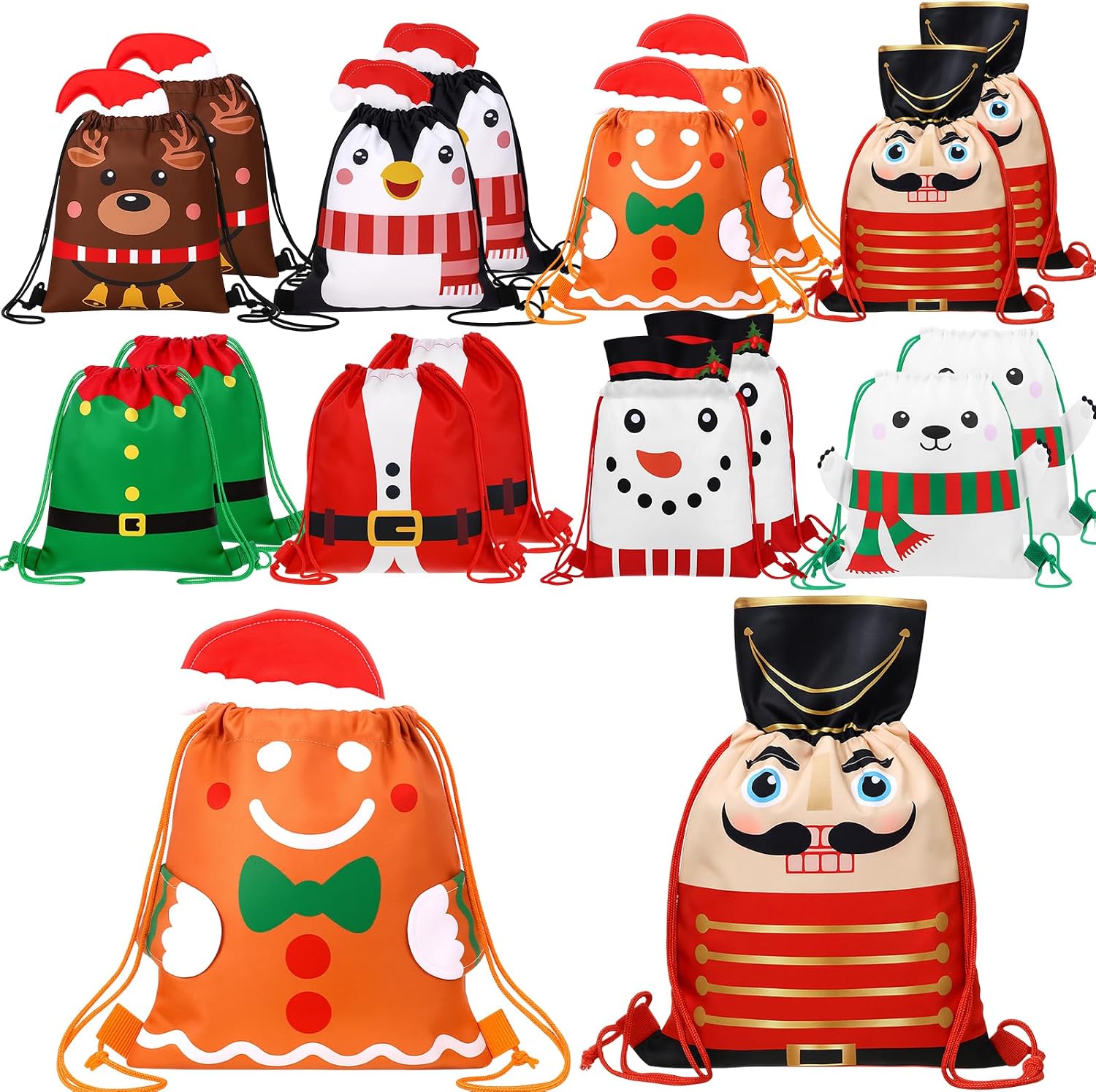 Hillban 16 Pcs Animal Drawstring Bags for Kids Party Favors Drawstring Backpack with Ear for Safari Birthday (Christmas Style)