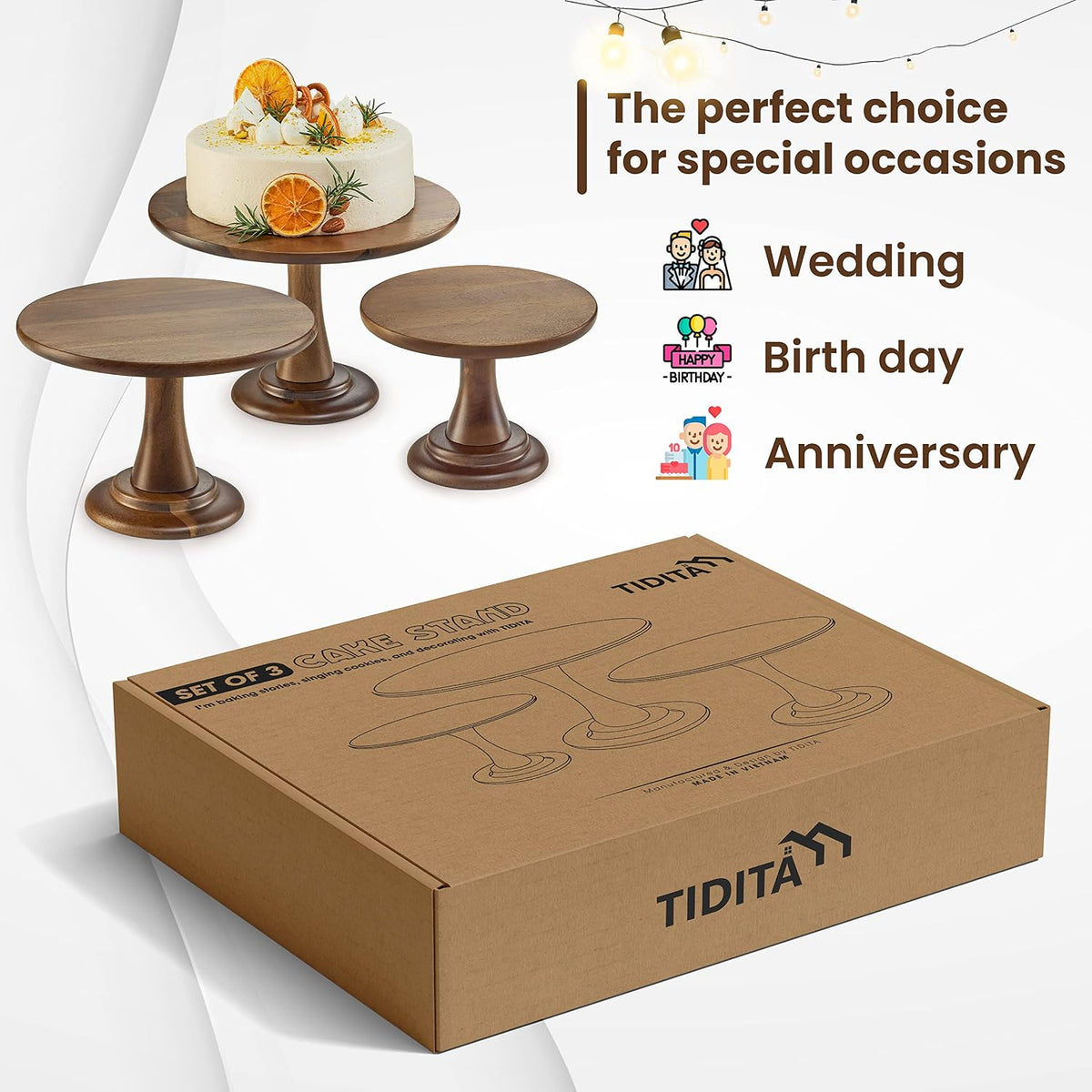 Tidita Set of 3 Size Wood Cake Stand Set, Easy To Assemble, Removable Tray
