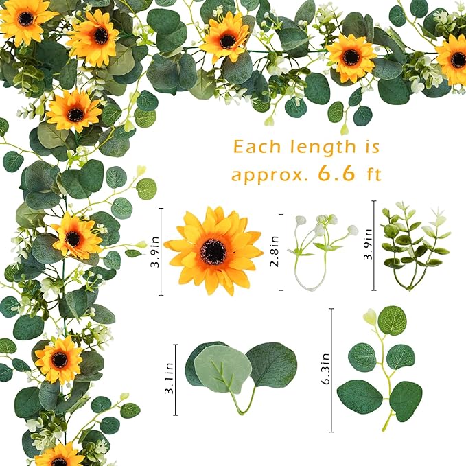 Uieke 2 Pack Artificial Sunflower Garland, 6ft/Strand Silk Sunflowers Hanging Vines Flowers Garland with Green Leaves for Room Kitchen Garden Birthday Wedding Baby Shower Party Table Decor
