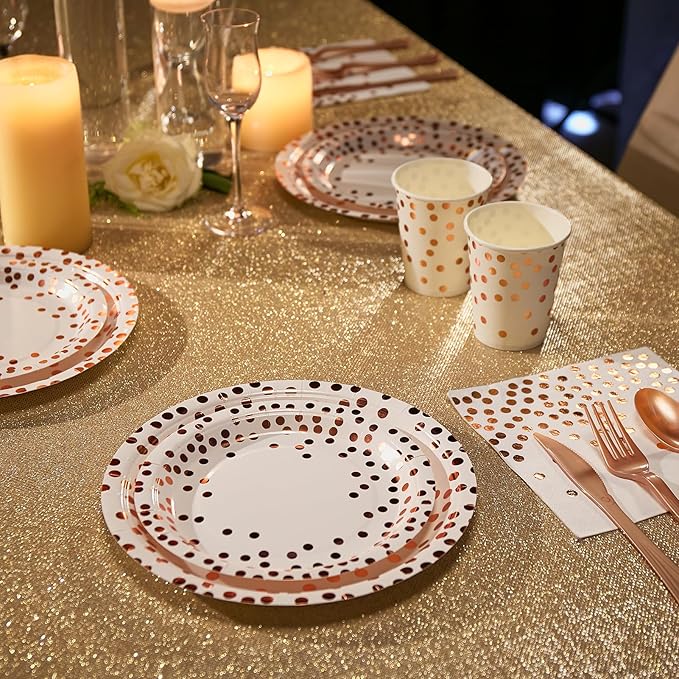 White and Rose Gold Party Supplies - 350 PCS Disposable Dinnerware Set - White Paper Plates Napkins Cups, Gold Plastic Forks Knives Spoon for Graduation, Birthday, Cocktail Party