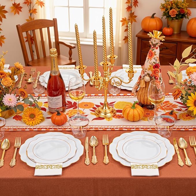 NOCCUR 175PCS Gold Plastic Plates with Disposable Silverware - White Gold Plastic Tableware Include 25 Dinner /25 Dessert Plates, 75 Cutlery, 25 Cups, 25 Napkins - Ideal for Fall Party&Thanksgiving