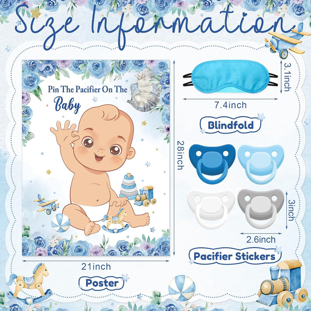 Faccito Pin The Pacifier Baby Shower Game Baby Shower Party Decorations Include Large Poster 24 Pacifier Stickers Blindfold Game Set for Birthday Party Decor Supplies(Multicolor,Elephant)