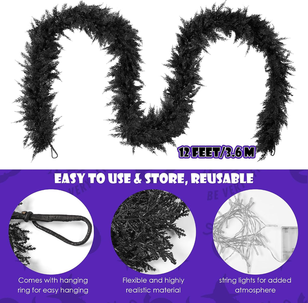 fovths 12 ft pre‑lit black halloween garland, artificial shown in use