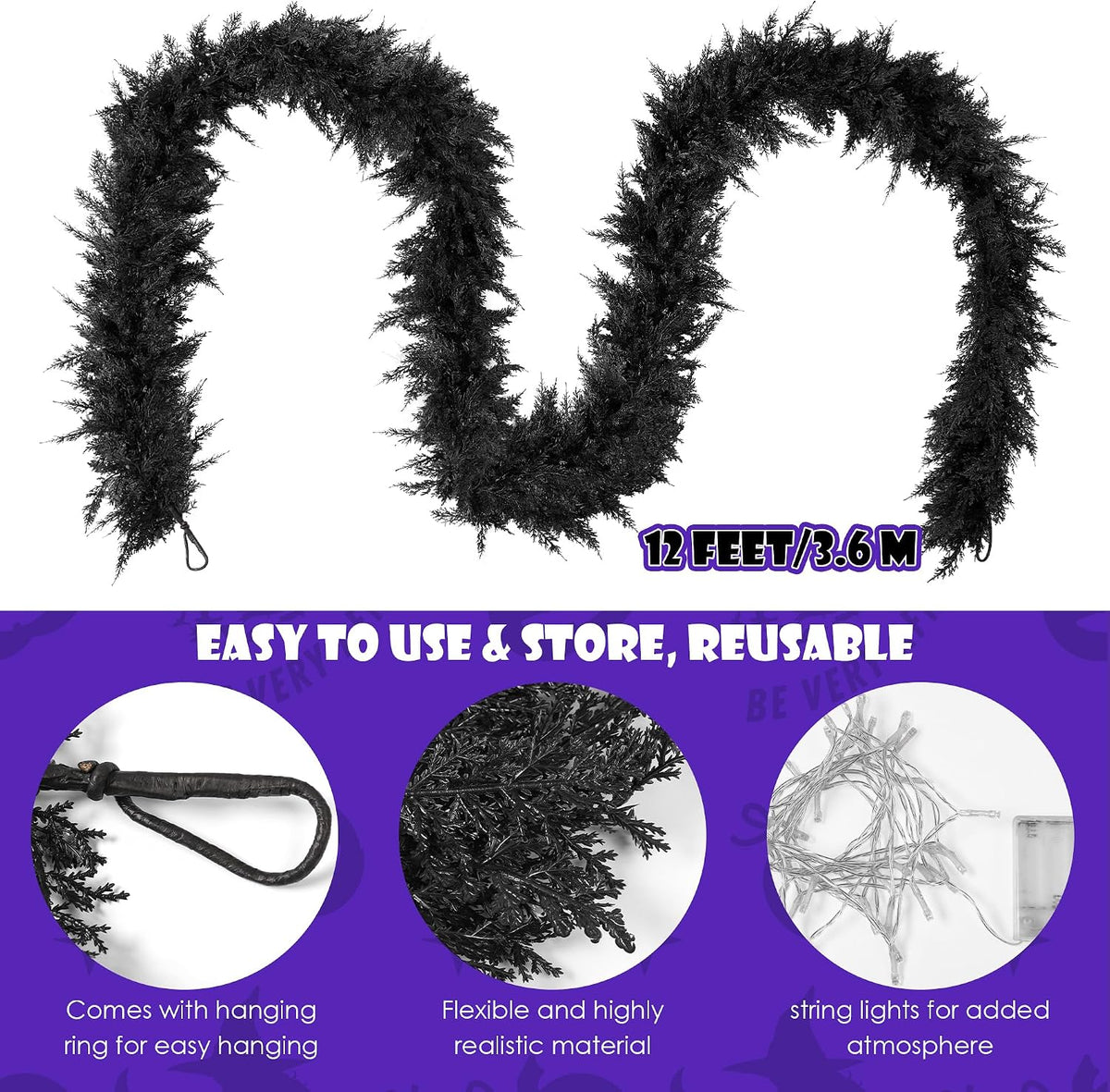 fovths 12 ft pre‑lit black halloween garland, artificial shown in use