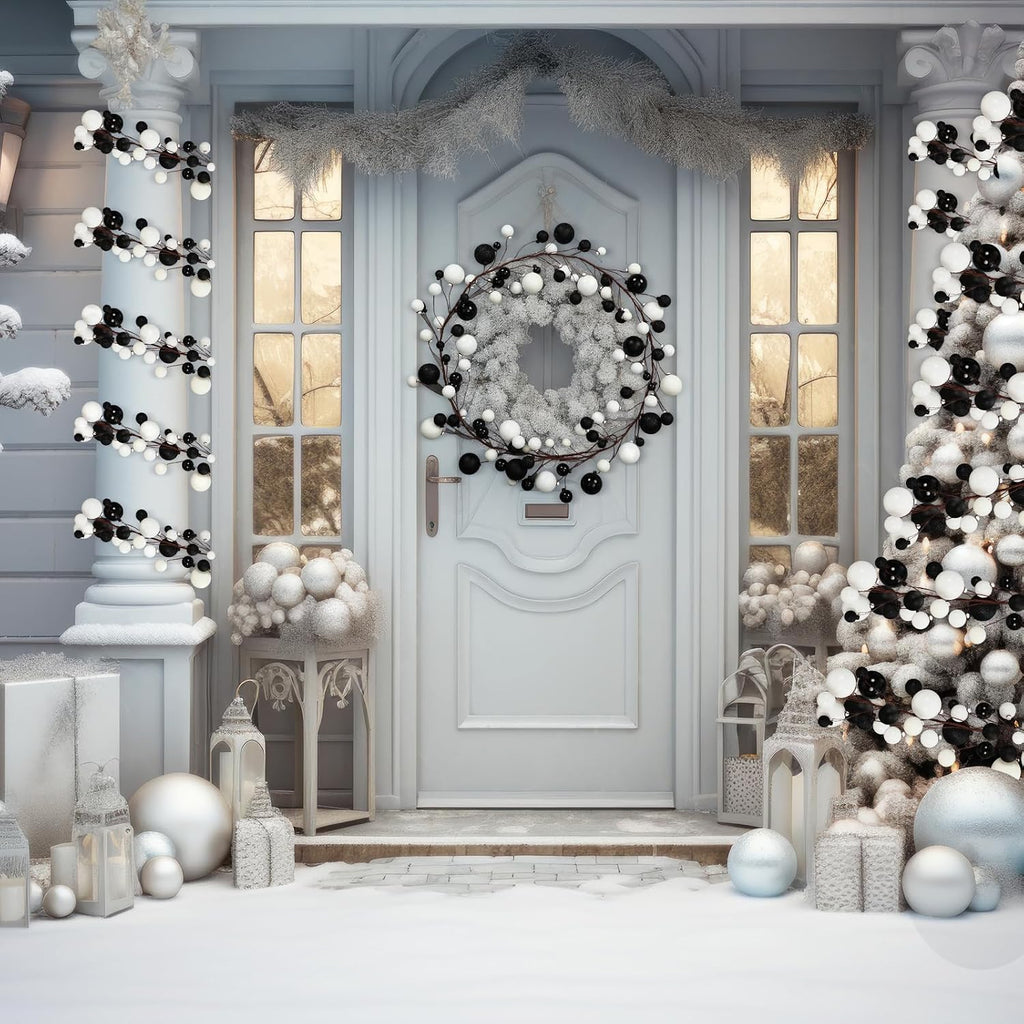 6 ft christmas ball ornament garland, black, white on a desk or shelf