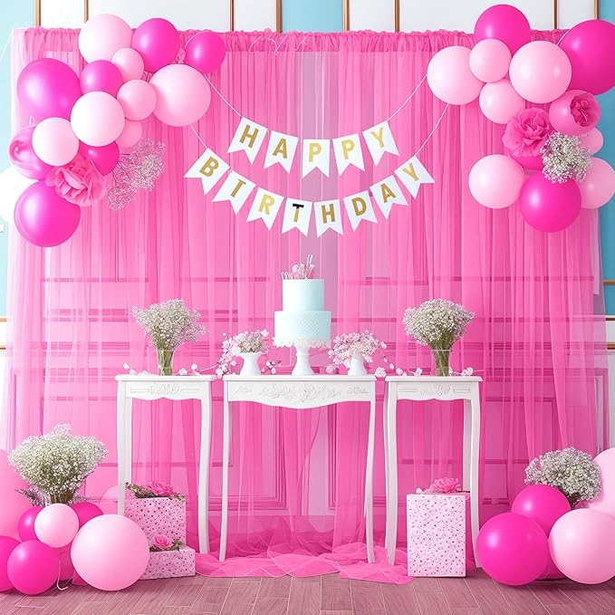 10x10 Hot Pink Tulle Backdrop Curtains for Parties, Sheer Backdrop Curtain Wedding Photo Background Drapes for Baby Shower Photography Birthday Party