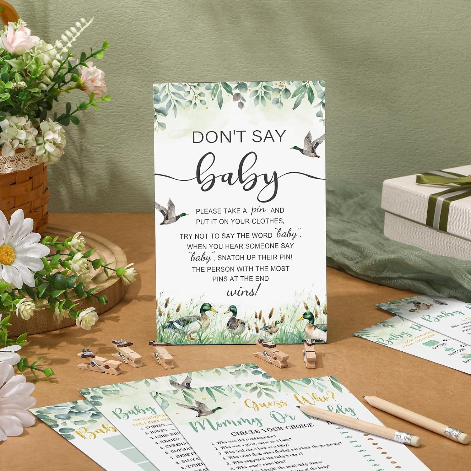 Patelai 321 Pcs Mallard Duck Baby Shower Decorations Duck Hunting a Little Hunter is on The Way Gender Reveal Don't Say Games for Mallard Theme Welcome Baby Shower Party Supplies