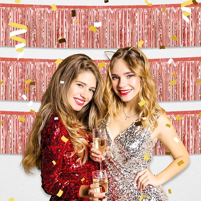 6 Pack 10 Feet Rose Gold Foil Fringe Garland Metallic Tinsel Streamers Banner Wall Hanging Curtain Backdrop for Parade Floats, Birthday, Graduate, Mother's Day, Wedding Party Decoration