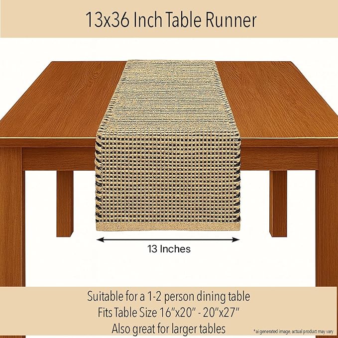 Chardin home Natural Jute Table Runner 13x36 Inch – Vintage Boho Rustic Table Decor – Handwoven Table Runner in Natural Jute and Black – Farmhouse Dining or Console Table Accent