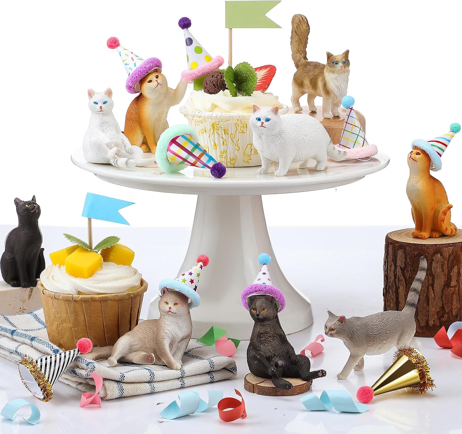 18 Pcs Cat Cake Toppers Figurine Hat Birthday Party Decorations