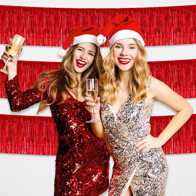 6 Pack 10 Feet Red Foil Fringe Garland Metallic Tinsel Streamers Banner Wall Hanging Curtain Backdrop for Parade Floats, Birthday, Graduate, Mother's Day, Wedding Party Decoration