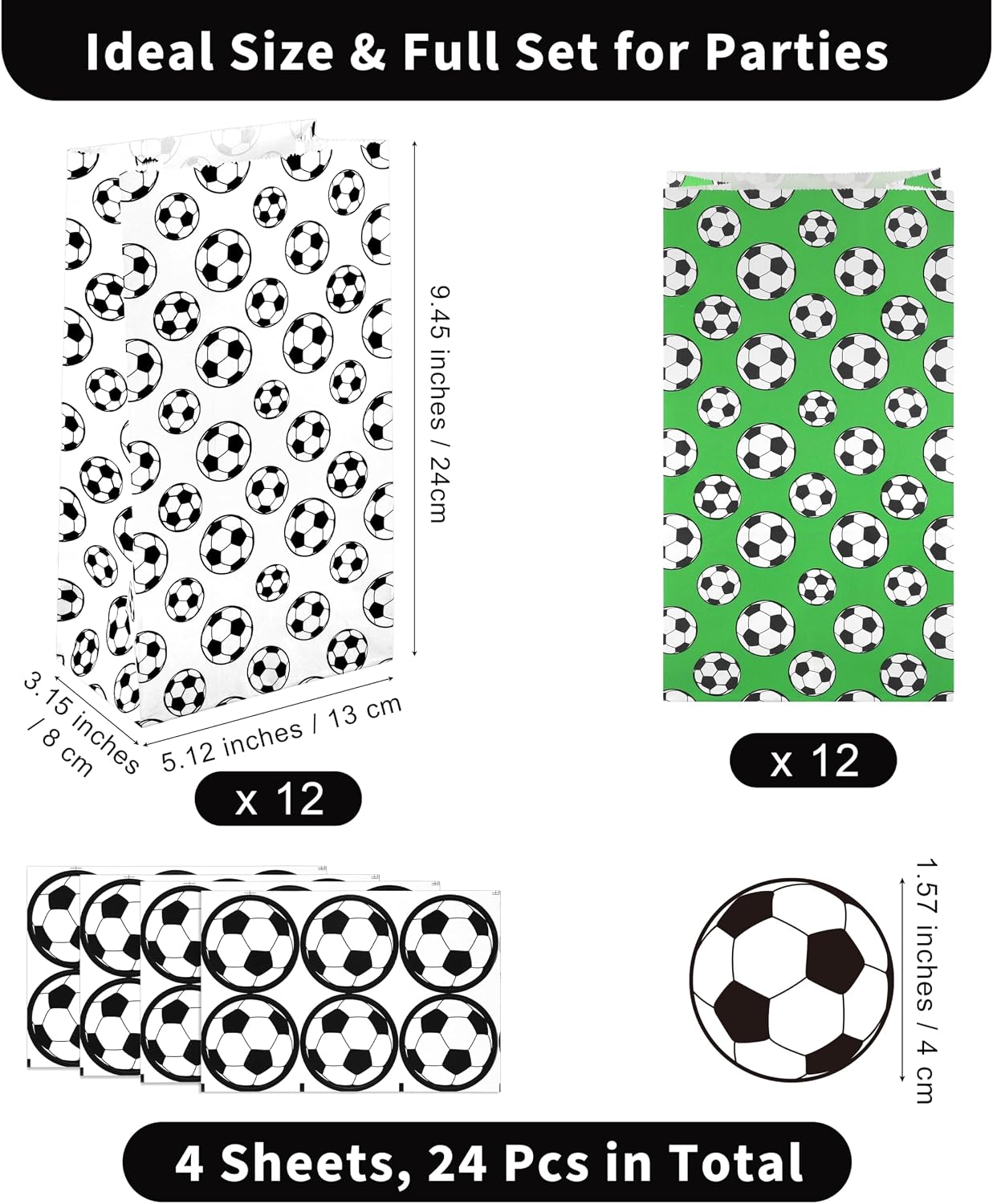MIMIND 24 Pack Soccer Party Favor Paper Bags White Green Soccer Snack Bags with Stickers Birthday Goodie Treat Bags for Soccer Themed Decorations Games Sports Party Supplies