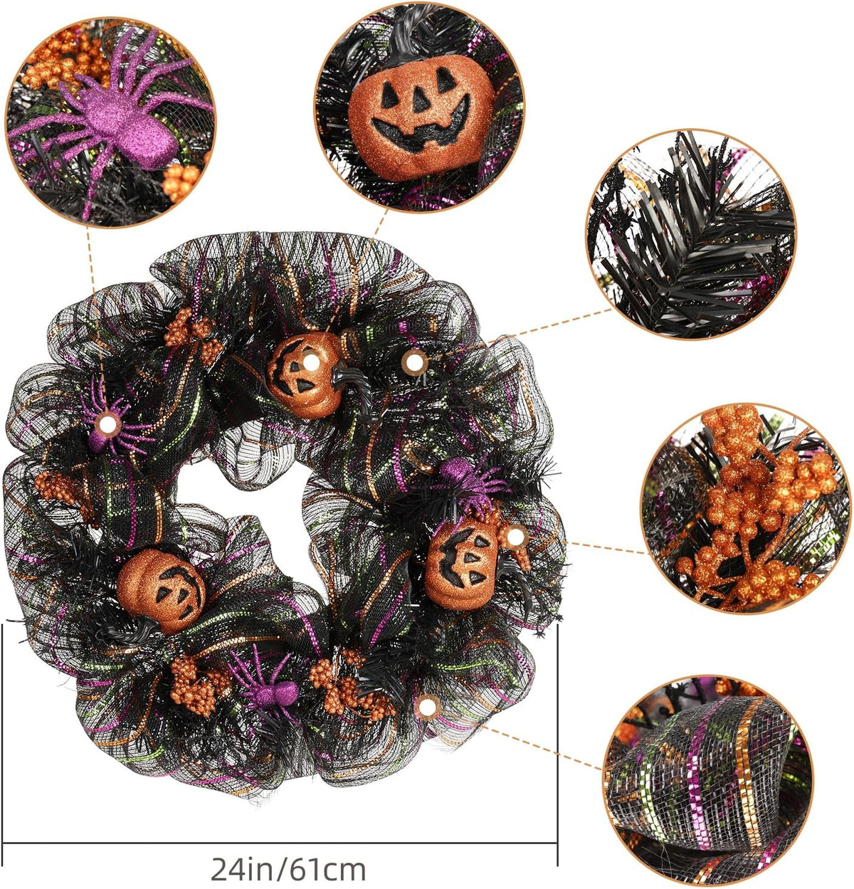24 inch wreath, halloween wreath for front door, close-up detail