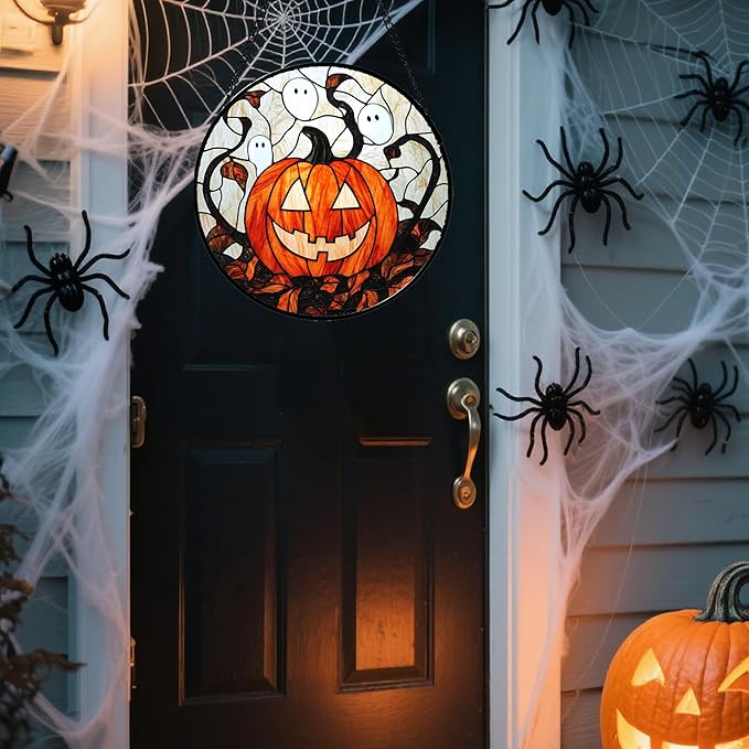 Stained Glass Window Hanging - Halloween Decorations Pumpkin Ghost Suncatcher for Doors Garden Indoor Spooky Funny Orange Sun Catchers Gothic Decor Horror Gifts for Women Men Friend 11.8 in