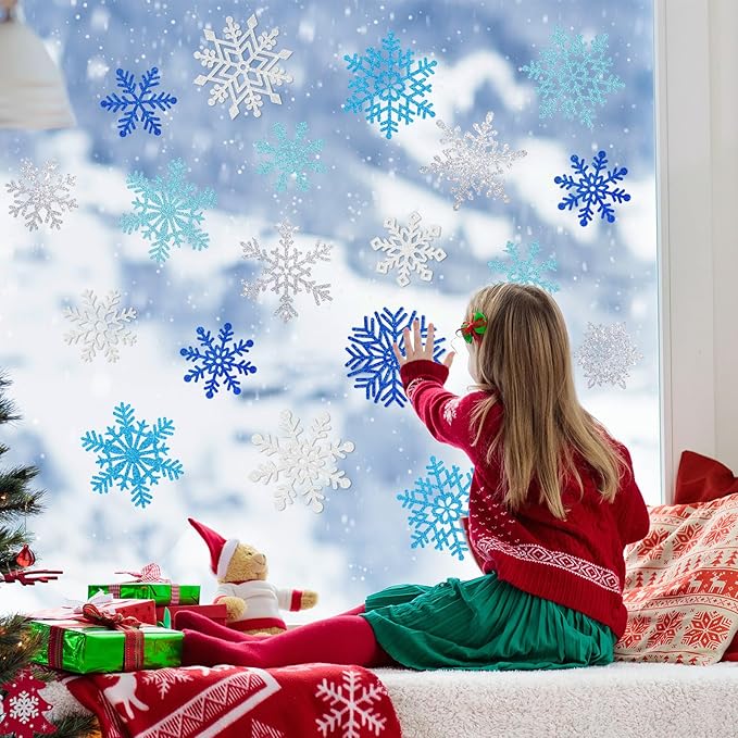 Winter Snowflake Cutouts - Glitter Paper Snowflake Decorations - 100Pcs Blue & Silver Double-Side Christmas Cutouts for Holiday Winter Wonderland Bulletin Board, Frozen Party Decor