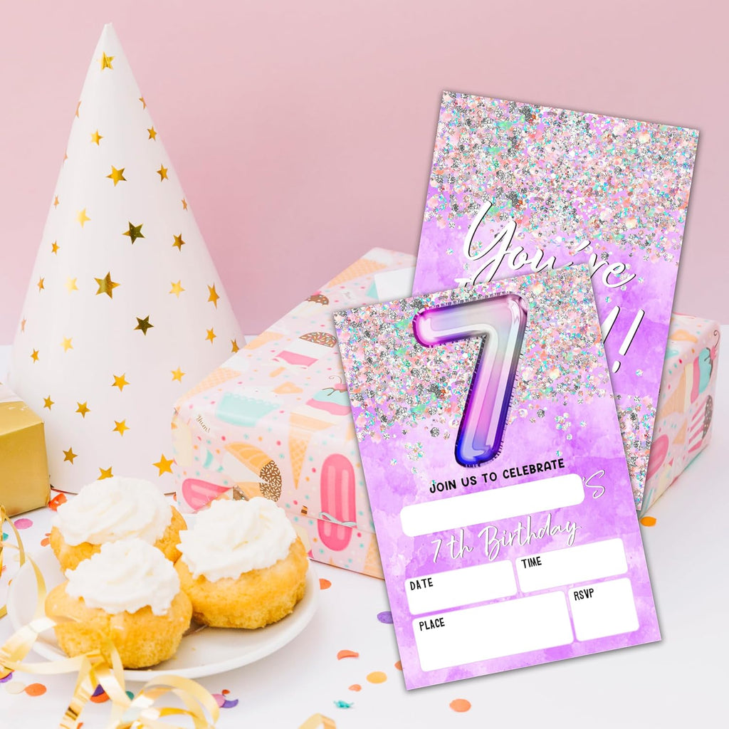 7Th Birthday Invitation Cards, Holographic Balloons Double-Sided Fill In Style Birthday Invites With Envelopes, Glitter Purple 7 Years Old Invitations For Girls, Teen, Party Favor & Supplies - A09