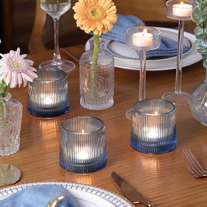 DARJEN Blue Ribbed Tealight Votive Candle Holders Set of 10- Votive Candle Holders for Table Centerpiece, Tea Light Candle Holder Glass for Wedding and Home Decor, Blue Decor and Gifts