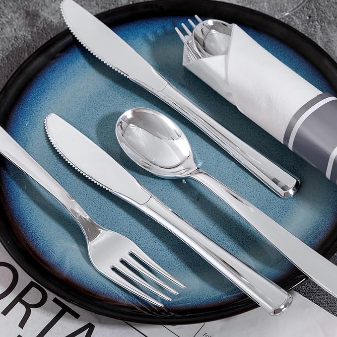 400PCS Pre Rolled Silver Plastic Silverware Sets - Heavy Duty Silver Cutlery - Include 100 Pack Wrapped Disposable Utensils with Napkins for Parties & Dinners & Weddings