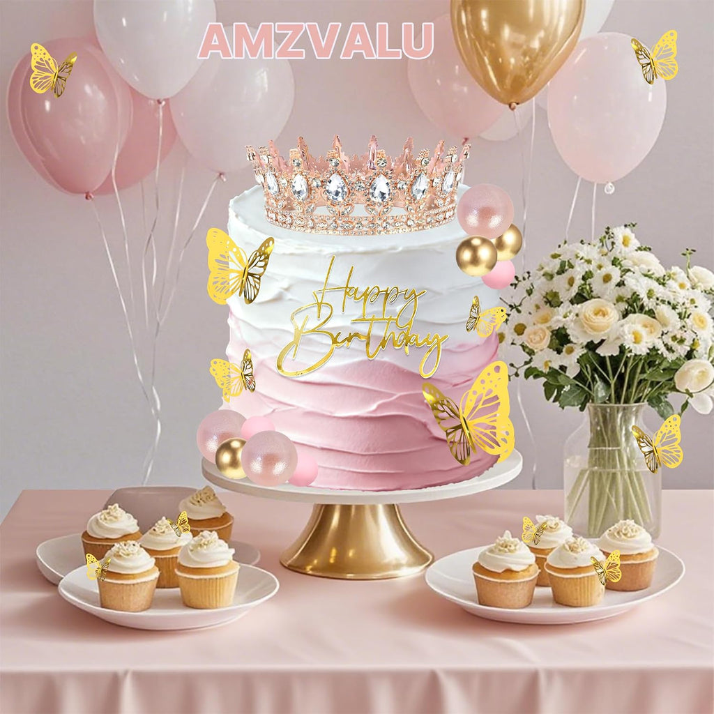 Crown Cake Topper, Corona Para Pastel, Crown Happy Birthday Cake Toppers Balls Candles Butterflies, Birthday Crown for Women Queen Princess Party Wedding Cake Decor (Rose Gold, White)
