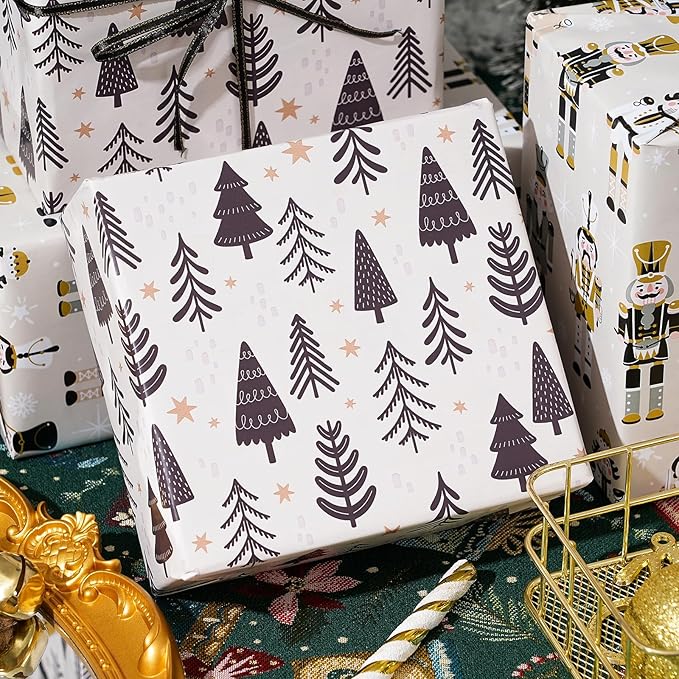 Ulmasinn Reversible Christmas Wrapping Paper Roll - 17" x33ft Double-Sided Designs with Luxury, Gold Nutcracker & Minimalist Black Forest, Xmas Gift Wrap for Presents, Table Decor & Crafting