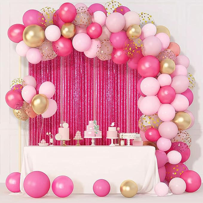 ShinyBeauty Sequin Curtains Hot Pink 2FTx8FT 4 Panels Sequin Photo Backdrop Shimmer Backdrop Fuchsia Glitter Curtains for Shower Sequins Backdrop Background