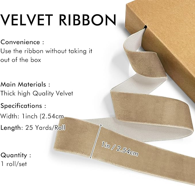 Khaki Velvet Ribbon 1'' 25 Yards for Christmas Tree, Gift Wrapping, Flower Bouquet, Wreath Decorations, Bow Making