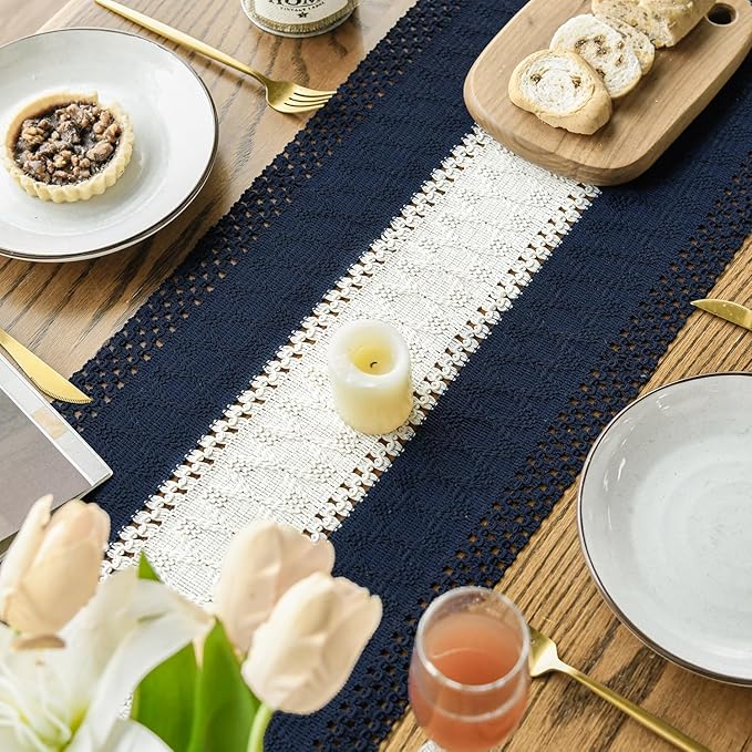 Artoid Mode Dark Blue Farmhouse Rustic Table Runner, Seasonal Hollow Kitchen Dining Table Decoration for Home Party Decor 12x108 Inch