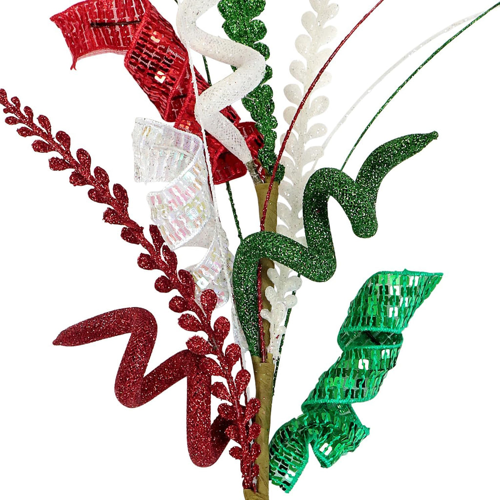 Glitter Curly Sprays Set of 3 Artificial Leaf Christmas Tree Topper Picks 20" Sequins Spiral Stems Candy Sticks for Xmas Tree Wreath Vase Fillers Branches Winter DIY Crafts (Red Green White)