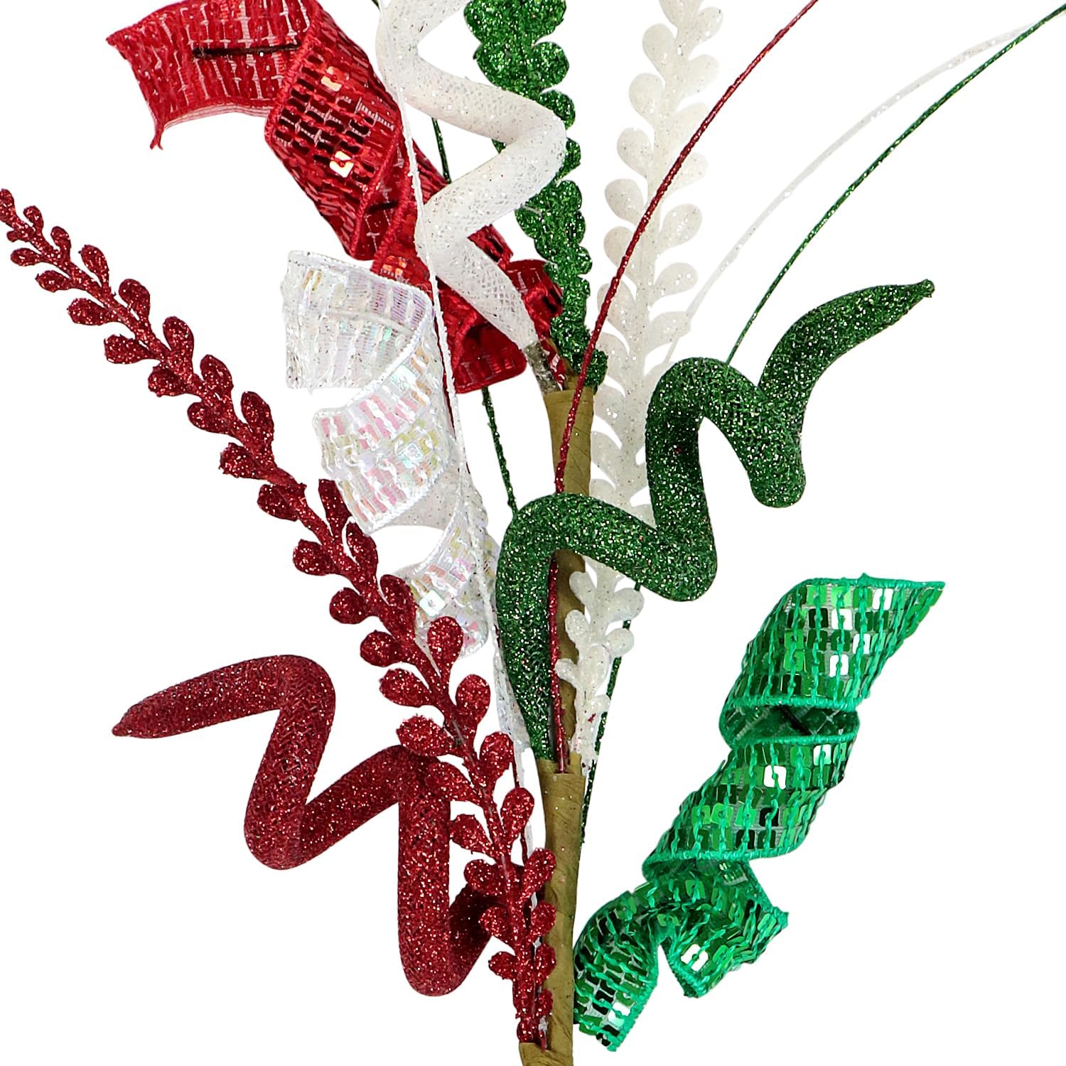 Glitter Curly Sprays Set of 3 Artificial Leaf Christmas Tree Topper Picks 20" Sequins Spiral Stems Candy Sticks for Xmas Tree Wreath Vase Fillers Branches Winter DIY Crafts (Red Green White)