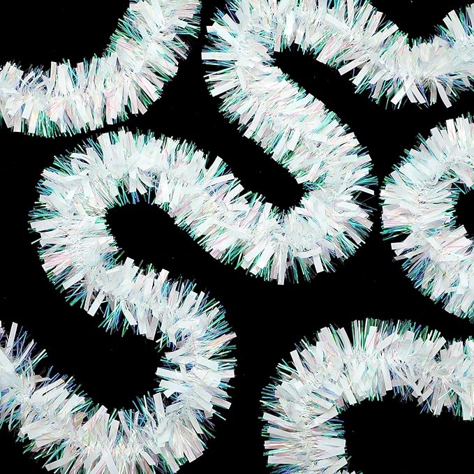 72 Feet Christmas Tinsel Garland Shiny Metallic Tinsel Twist Garland Streamers Ornaments Long Glitter Christmas Tree Hanging Decorations for Party Holiday Wedding Birthday Tree Wall Rail (White)