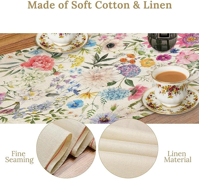 Floral Table Runner Watercolor Peony Rose Flower Kitchen Table Decoration for Indoor and Outdoor Wedding Party 13x108 Inch