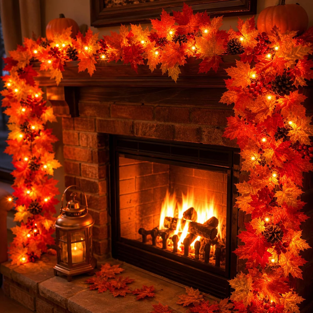 Fall Decorations Lighted Fall Garland with Pinecones and Berries, 9FT 50 Inca...