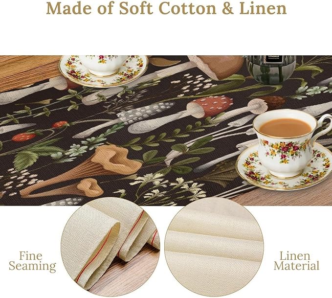 Mushroom Table Runner,Retro Forest Wildflower Botanical Plants Flower Art Pattern Print Burlap Hotel Indoors Outdoor Dining Room Kitchen Holiday Party, 13x36in