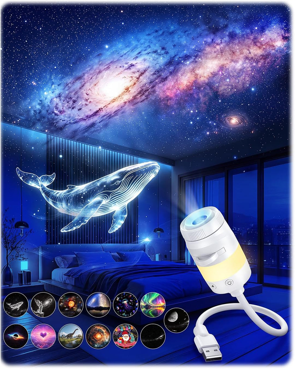 2-in-1 galaxy star ocean night light projector plug, main product view