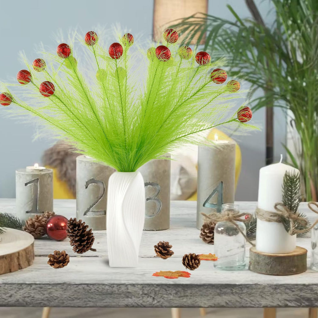 20Pcs 21.7'' Lime Green Christmas Tree Topper with Red Balls | Grinch Christmas Decorations, Artificial Pampas Grass Stems, For Wreath Craft Vase Fillers, Xmas Home Decoration Supplies
