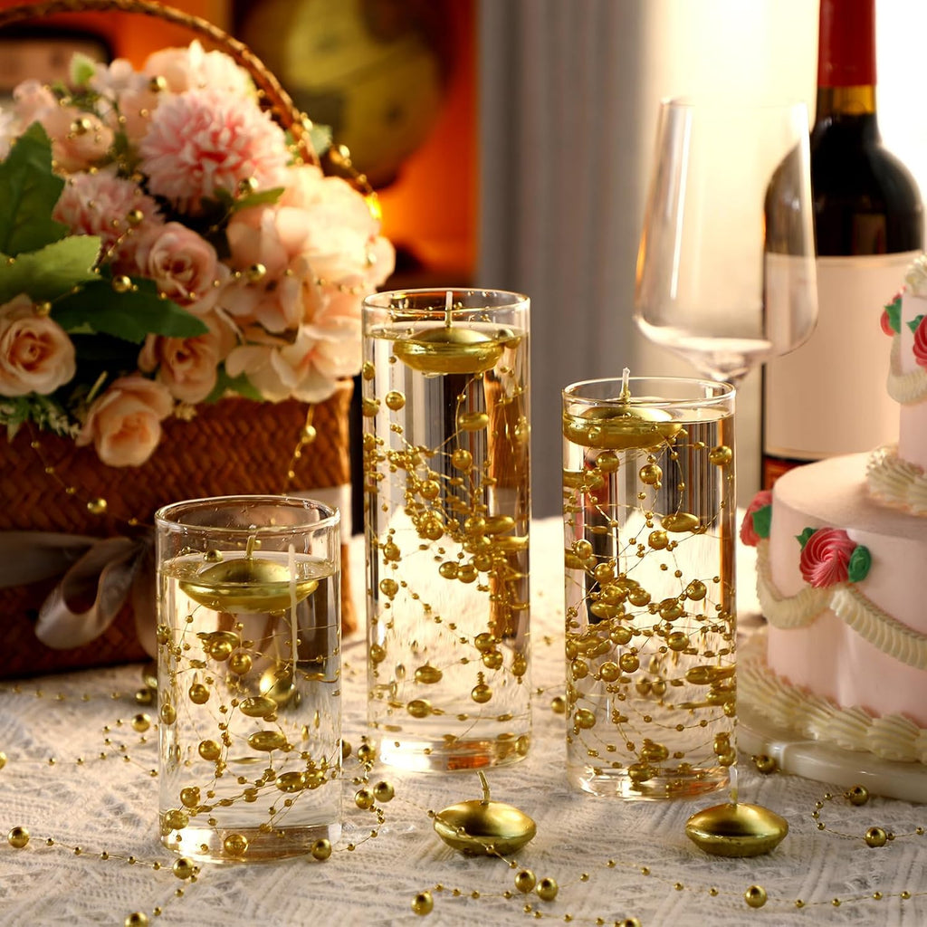 Fumete 40 Pcs Gold Floating Candle & Pearl String Set: 20 Unscented Wax Tealights (1.5") & 20 Faux Pearl Chains (4.4ft), Elegant Vase Filler for Wedding Centerpiece, Bridal Shower & Gala Dinners Decor