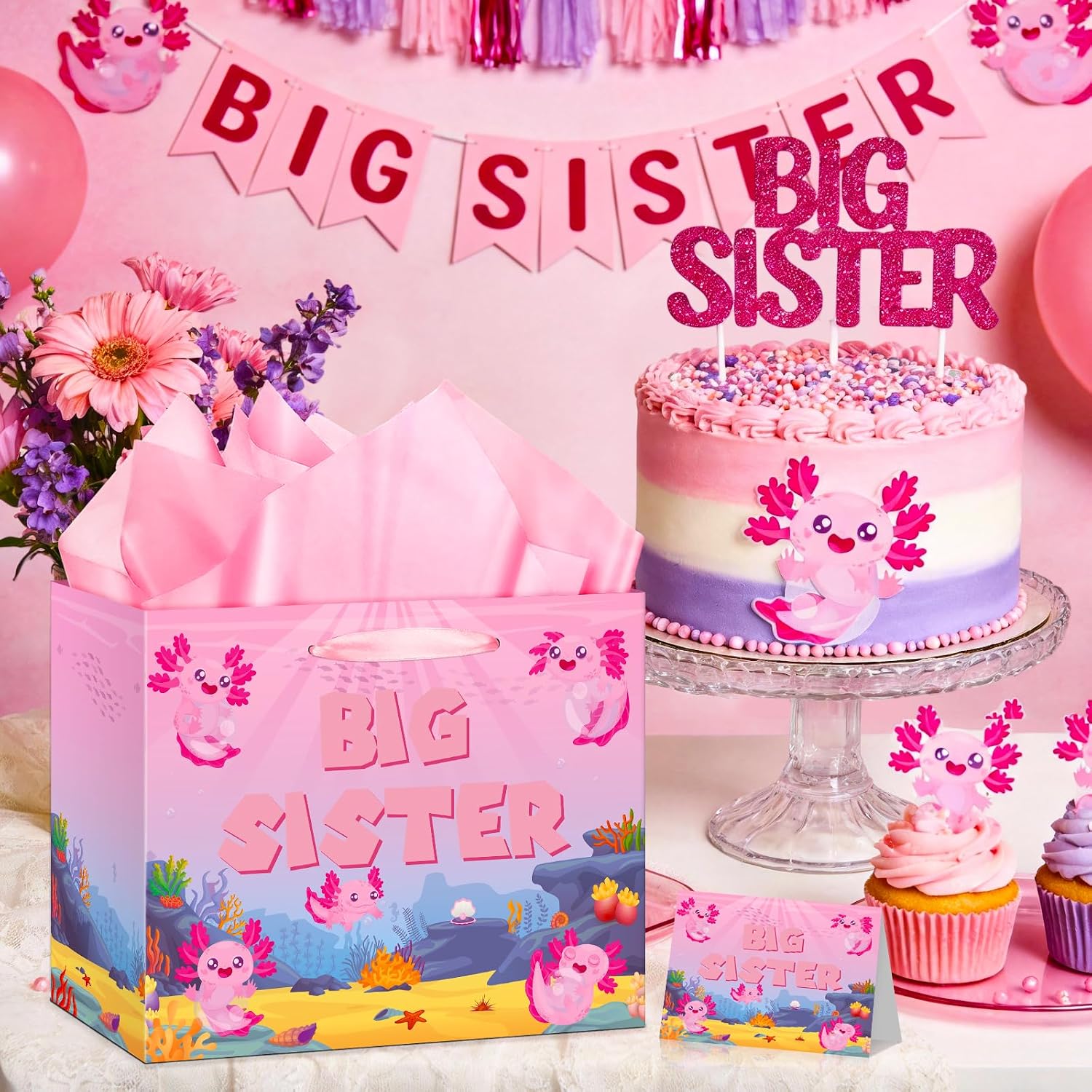 TagreSpike Big Sister Gift Bag for Girls, Axolotl Big Sister Gift Bag with Tissue Paper and Greeting Card Axolotl Wrapping Paper Bags New Sister Party Decor for Little Girl Birthday Party Supplies