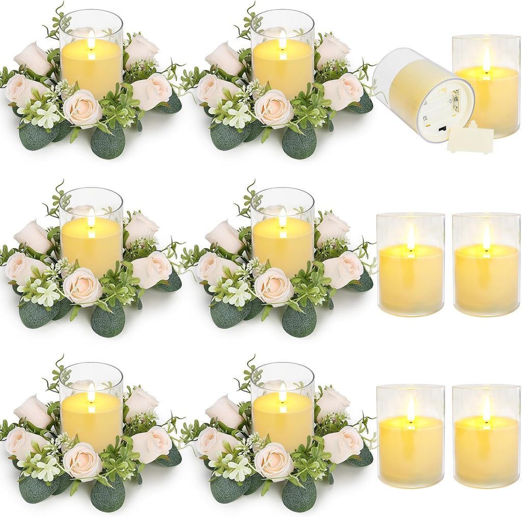 12 PCS Candle Rings with LED Flameless Candles, 3 Inch Artificial Rose Wreaths Eucalyptus Leaves for Table Centerpieces Home Wedding Party Decor, Champagne, 6 Sets