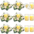 12 PCS Candle Rings with LED Flameless Candles, 3 Inch Artificial Rose Wreaths Eucalyptus Leaves for Table Centerpieces Home Wedding Party Decor, Champagne, 6 Sets