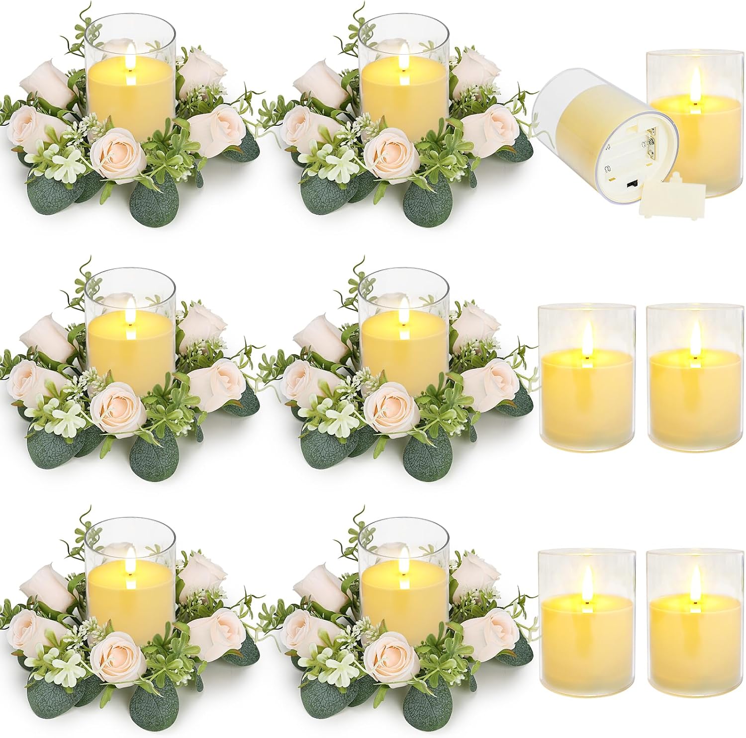 12 PCS Candle Rings with LED Flameless Candles, 3 Inch Artificial Rose Wreaths Eucalyptus Leaves for Table Centerpieces Home Wedding Party Decor, Champagne, 6 Sets