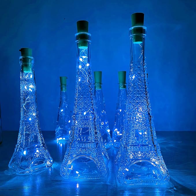 Wine Bottle Lights with Cork 15Pack 10 LED 40 Inches Battery Operated Silver Wire Liquor Fairy Mini String Lights for Party Christmas Halloween Wedding Decoration (Blue)