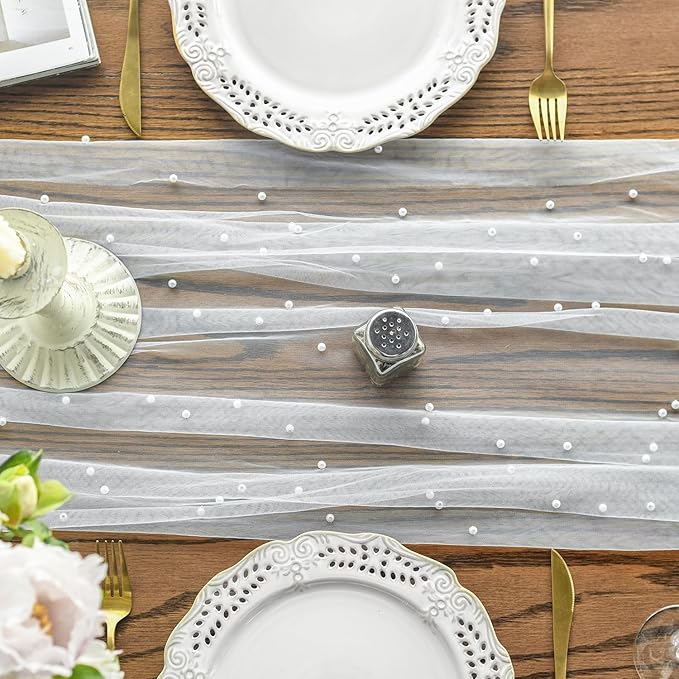 Artoid Mode Pearl Gauze Table Runner 59x120 Inch , Seasonal Sheer Kitchen Dining Holiday Wedding Birthday Baby Shower Table Decor for Home Party
