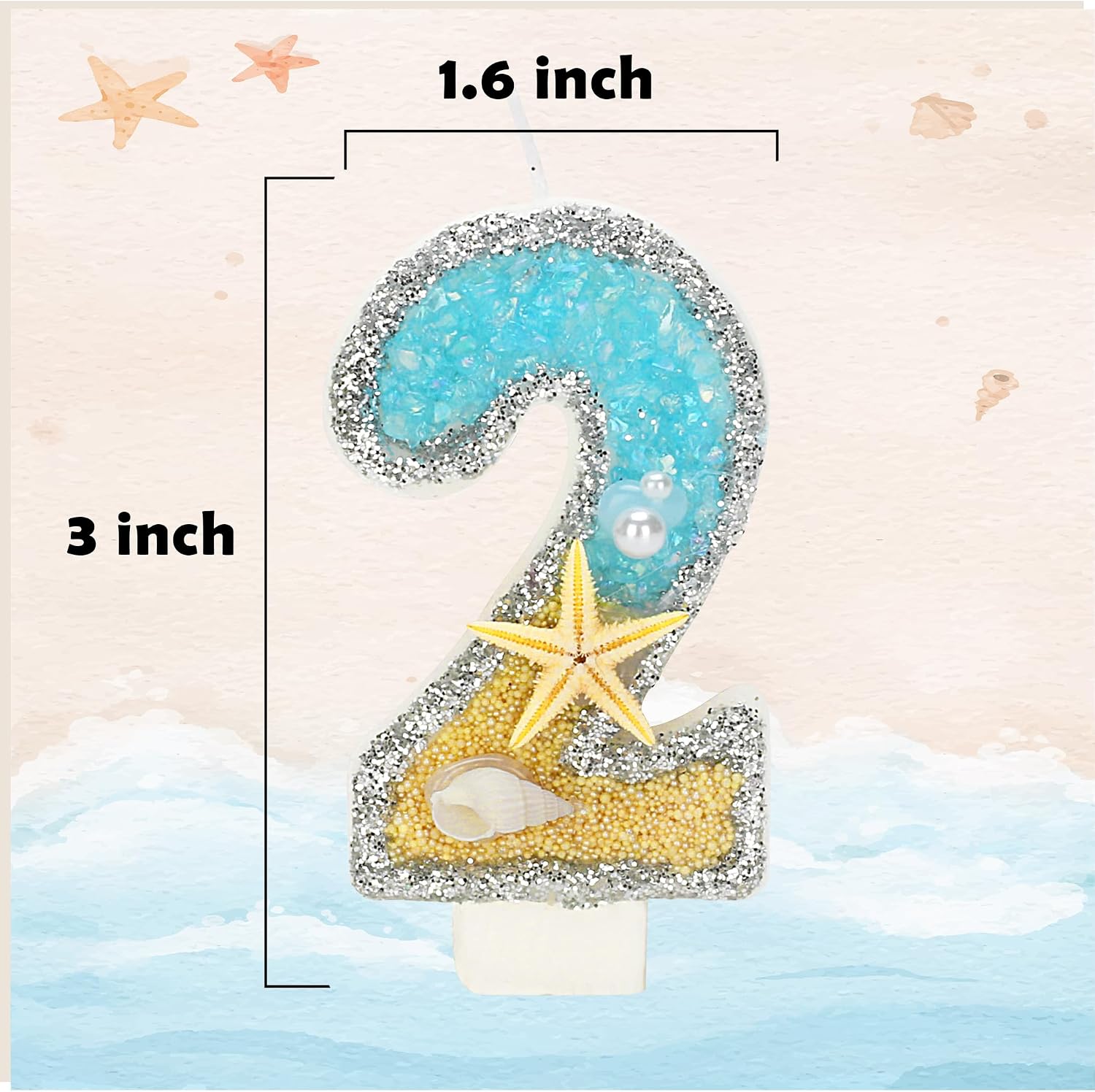 2nd Birthday Candle for Cake, Beach Starfish Sequins Candles, 2.76 inch Cake Topper Decoration for Birthday Party (Number 2)
