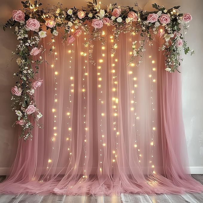 Fomcet Dusty Rose Tulle Backdrop Curtains with Lights String 10FT X 8FT Sheer Curtain with Lights Tulle Curtains Backdrop for Wedding Birthday Party Photo Shoot (2 Panels 5x8FT)