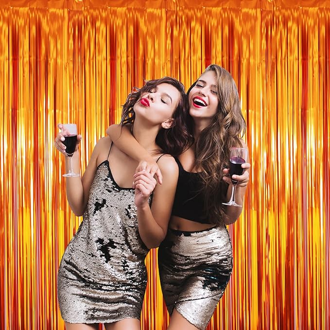 GOER 3.2 ft x 8.2 ft Metallic Tinsel Foil Fringe Curtains Party Photo Backdrop Party Streamers for Birthday,Graduation,New Year Eve Decorations Wedding Decor (Orange,1 Pack)