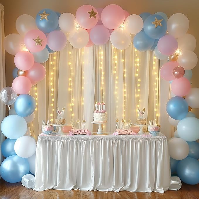Fomcet Ivory Tulle Backdrop Curtains with Lights String 10FT X 10FT Sheer Curtain with Lights Tulle Curtains Backdrop for Wedding Birthday Party Photo Shoot (2 Panels 5x10FT)