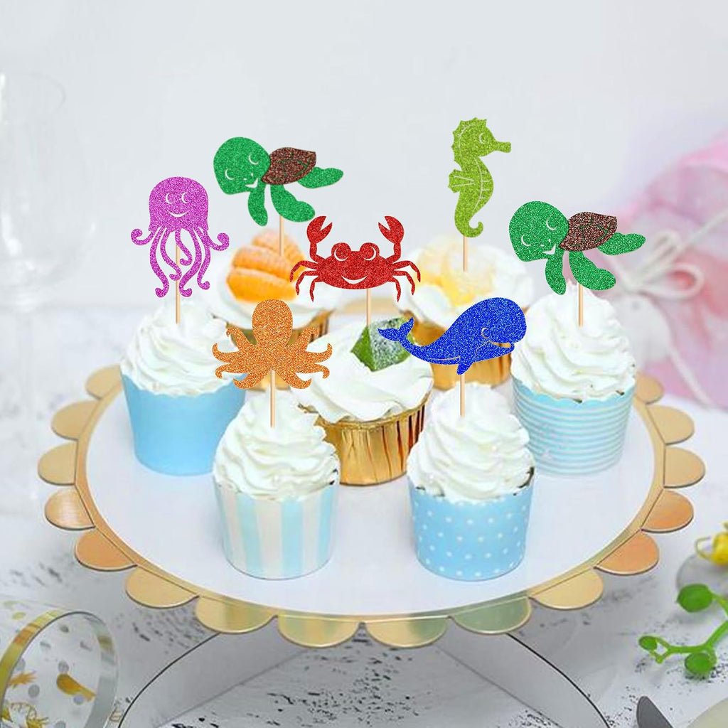 Ercadio 24 Pcs Marine animals Cupcake Toppers Picks Octopus Whale Sea Turtle Jellyfish Sea Horse Crab Cake Under the Sea Beach Cake Decoration Baby Shower Kids Birthday Party Supplies
