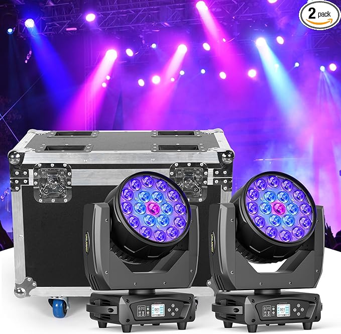2PCS 19x10W Moving Head Light with Flight Case Focusing/Beam/Wash/Zoom Effect Stage DJ Lights 4-in-1 LED DMX512 & Sound Activated Control for DJ Disco Nightclub KTV Bar Theater Shopping Mall