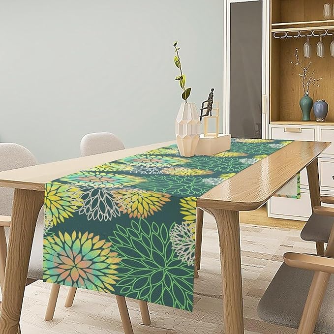 Green Dahlia Flower Table Runner, Linen Geometric Pattern Floral Table Decor Spring Farmhouse Decorations for Kitchen Dining Holiday Party Decor, 13x90 Inch